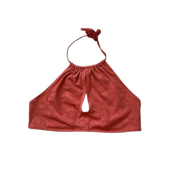 Aerie Bikini Top Women’s Size‎ Large Peach Coral Crochet  Keyhole High Neck - Picture 1 of 7